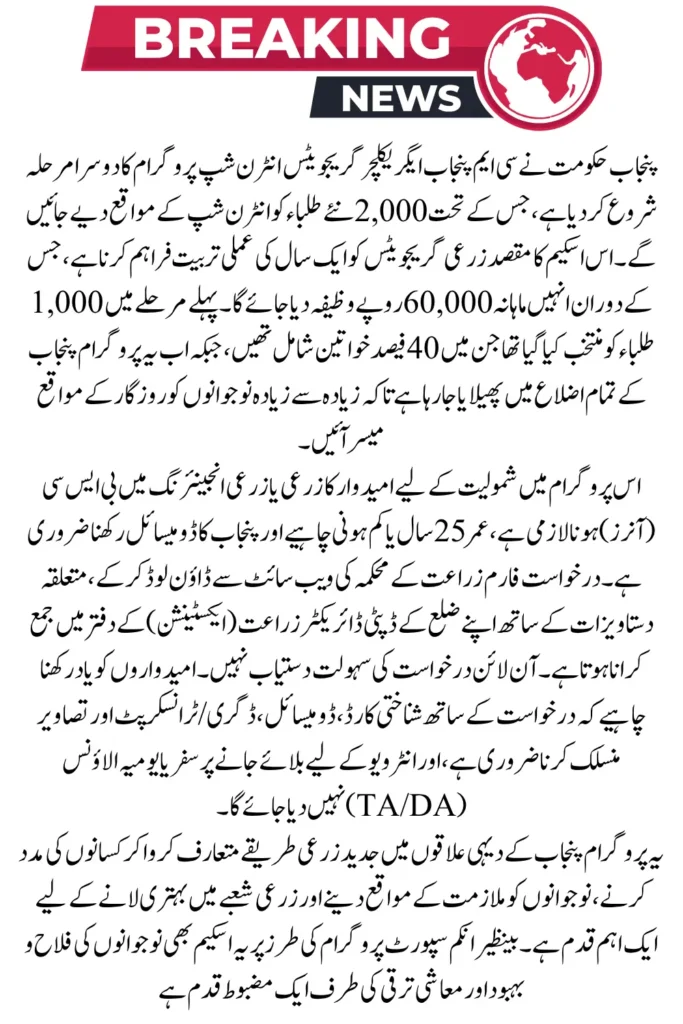 CM Punjab Agriculture Graduates Internship Program Phase - 2000 Students Internships Apply Now